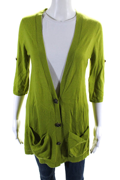 Theory Womens Cashmere V-Neck Short Sleeve Cardigan Sweater Green Size M
