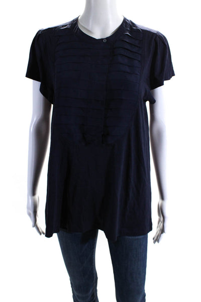 Theory Womens Cotton Blend Round Neck Short Sleeve Blouse Top Navy Size M