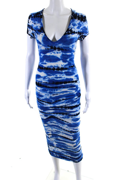 Young Fabulous & Broke Womens Tie Dye Print Ruched Dress Blue White Size Small