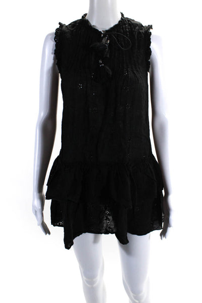 Playa Lucila Womens Eyelet Tiered A Line Mini Dress Black Cotton Size Small