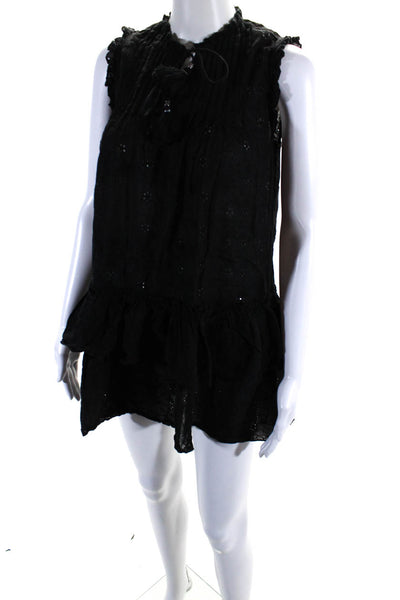 Playa Lucila Womens Eyelet Tiered A Line Mini Dress Black Cotton Size Small