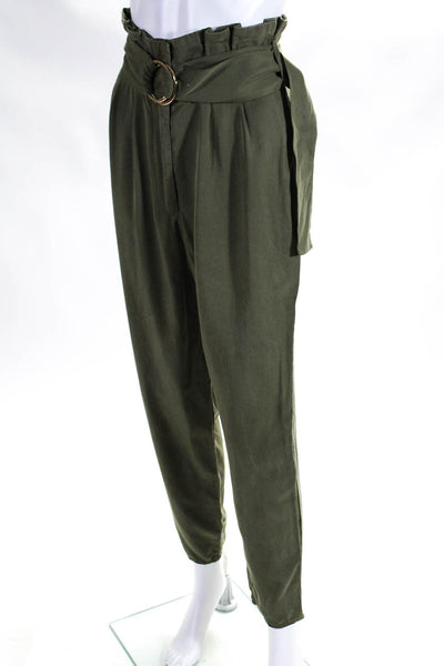 Tularosa Womens Pleated High Rise Round Buckle Belted Tapered Pants Green Size S