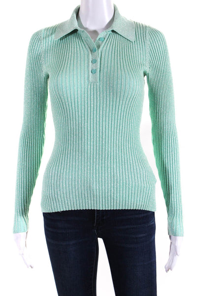 Milly Womens Half Button Ribbed Sweater Aqua Green Metallic Size Petite