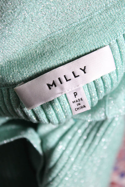 Milly Womens Half Button Ribbed Sweater Aqua Green Metallic Size Petite