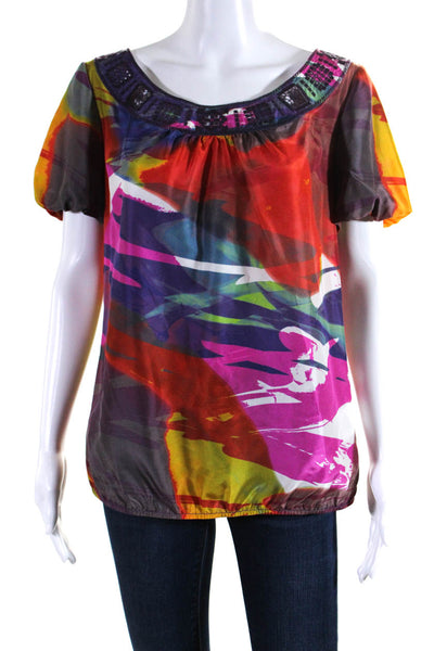 Tory Burch Womens Multicolor Silk Abstract Print Short Sleeve Blouse Top Size 8