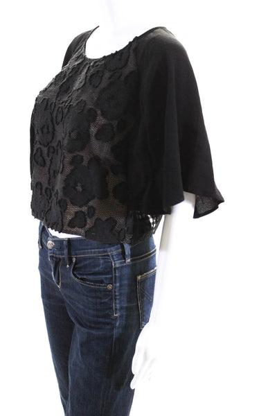 NBD Womens Short Sleeve Scoop Neck Sheer Floral Top Black Size Medium