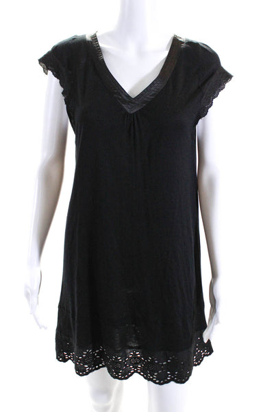 Ange Womens Short Sleeve V Neck Eyelet Trim Knit Shift Dress Black Size 2