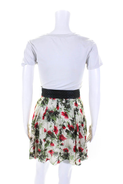 Elizabeth and James Womens Silk Floral Leather Trim A Line Skirt Beige Size M