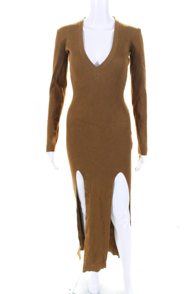 Lioness Womens Ribbed High Slit Long Sleeve V Neck Midi Sweater Dress Brown XS