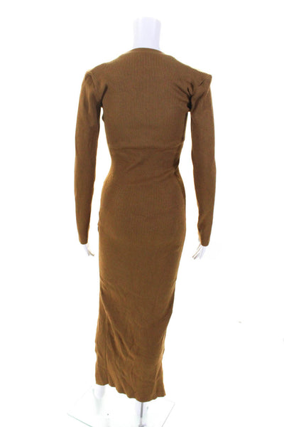 Lioness Womens Ribbed High Slit Long Sleeve V Neck Midi Sweater Dress Brown XS