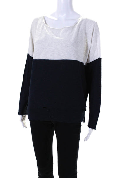 Vince Womens Long Sleeve Cut Out Scoop Neck Sweater Gray Navy Cotton Size Medium