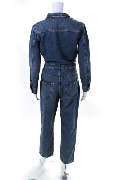 Zara Womens Blue Medium Wash Button Down Long Sleeve Denim Overalls Size S
