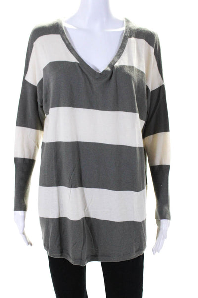 Joie Womens V-Neck Striped Print Long Sleeve Pullover Sweater Gray Size M
