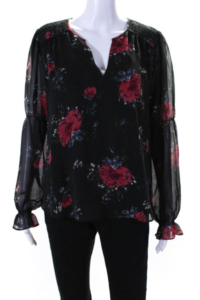 Joie Womens Silk Floral Print Smocked Long Sleeve Pullover Blouse Black Size M