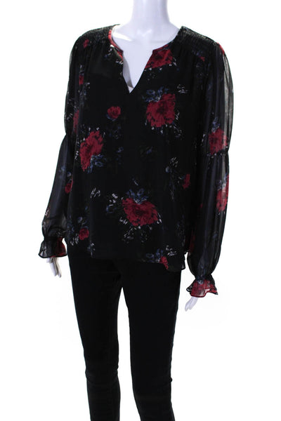 Joie Womens Silk Floral Print Smocked Long Sleeve Pullover Blouse Black Size M