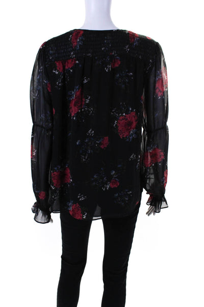 Joie Womens Silk Floral Print Smocked Long Sleeve Pullover Blouse Black Size M