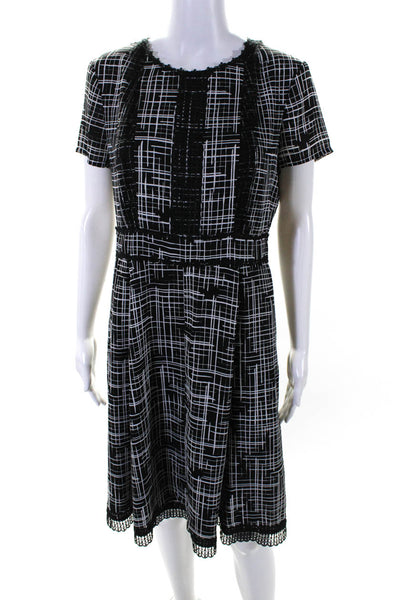 Karl Lagerfeld Womens Short Sleeve Plaid Lace Trim A Line Dress Black Size 10