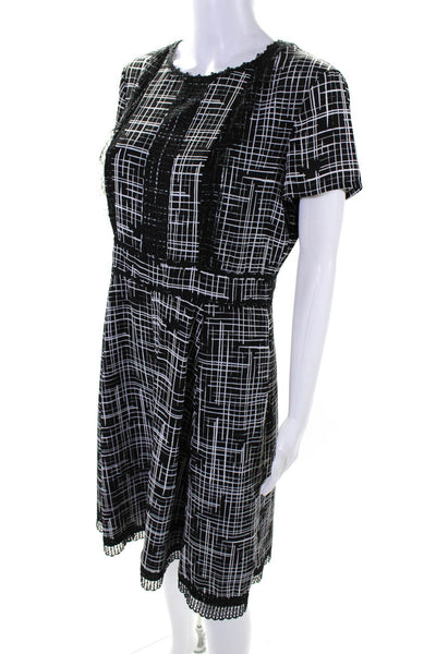 Karl Lagerfeld Womens Short Sleeve Plaid Lace Trim A Line Dress Black Size 10