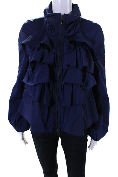 SoCa St. John Womens Ruffled Front Long Sleeve Full Zip Jacket Royal Blue Size P