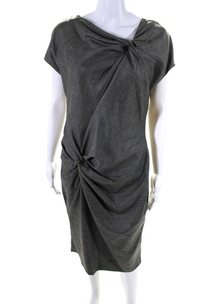 Escada Womens Wool Knotted Front Short Sleeve Midi Pencil Dress Gray Size 38