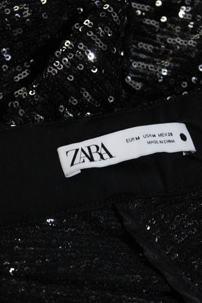 Zara Womens Sequin High Rise Straight Leg Cuffed Trousers Black Size M