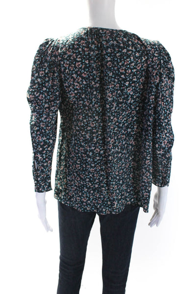 Shoshanna Womens Floral Print Long Sleeve V Neck Blouse Green Size S