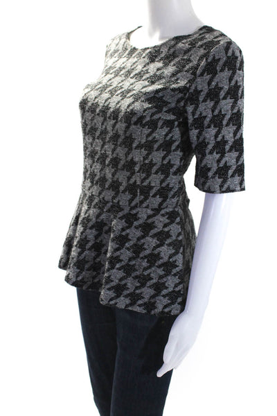 Theory Womens Short Sleeve Houndstooth Print Peplum Blouse Gray Size S