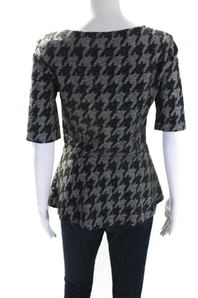 Theory Womens Short Sleeve Houndstooth Print Peplum Blouse Gray Size S