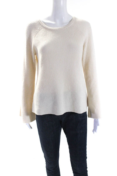 Magaschoni Womens Wool Ribbed Bell Sleeve Pullover Sweater Beige Size M