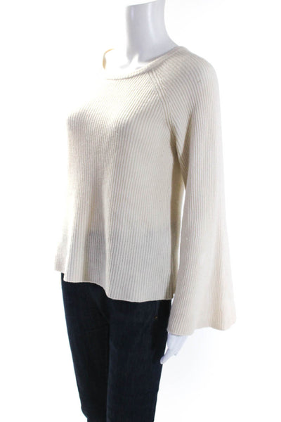 Magaschoni Womens Wool Ribbed Bell Sleeve Pullover Sweater Beige Size M