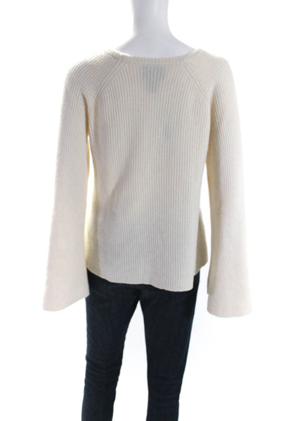 Magaschoni Womens Wool Ribbed Bell Sleeve Pullover Sweater Beige Size M