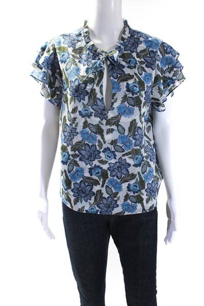 Misa Womens Metallic Short Sleeve Floral Print V Neck Blue Size M