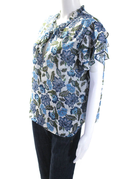 Misa Womens Metallic Short Sleeve Floral Print V Neck Blue Size M