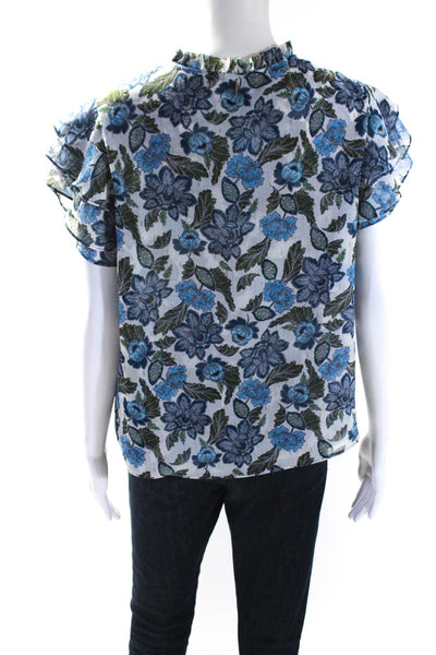 Misa Womens Metallic Short Sleeve Floral Print V Neck Blue Size M