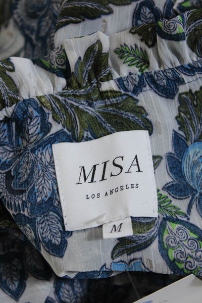 Misa Womens Metallic Short Sleeve Floral Print V Neck Blue Size M