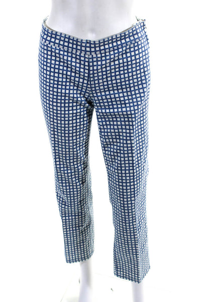 Tory Burch Womens Checks Plaid Straight Leg Pants White Blue Cotton Size 26