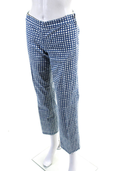 Tory Burch Womens Checks Plaid Straight Leg Pants White Blue Cotton Size 26