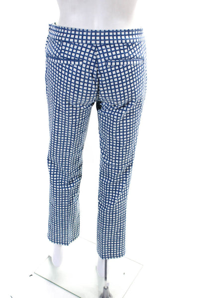 Tory Burch Womens Checks Plaid Straight Leg Pants White Blue Cotton Size 26