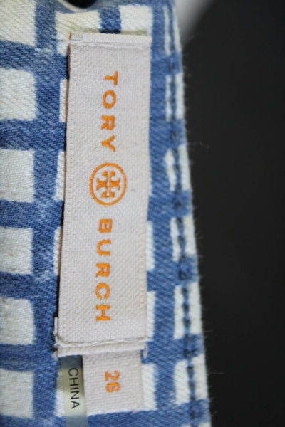 Tory Burch Womens Checks Plaid Straight Leg Pants White Blue Cotton Size 26