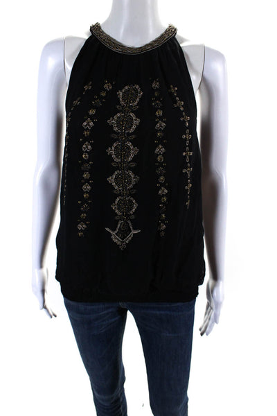 Joie Womens Embroidered Beaded Sleeveless Ruched Hem Tank Top Black Size XS
