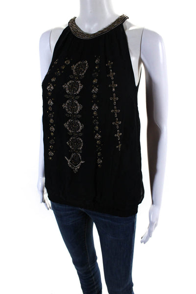 Joie Womens Embroidered Beaded Sleeveless Ruched Hem Tank Top Black Size XS