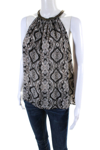 Joie Womens Silk Abstract Beaded Trimmed Round Neck Blouse Top Brown Size XS