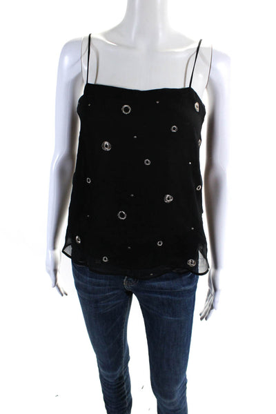 Vince Womens Silk Embroidered Geometric Print Tank Top Blouse Black Size XS