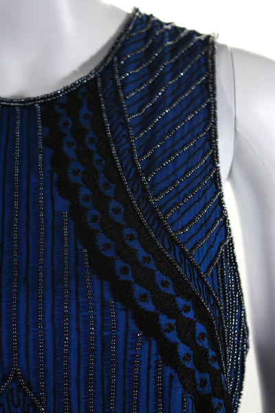 Parker Womens Embroidered Beaded Sleeveless Mini Sheath Dress Blue Size Small