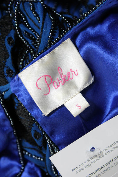 Parker Womens Embroidered Beaded Sleeveless Mini Sheath Dress Blue Size Small