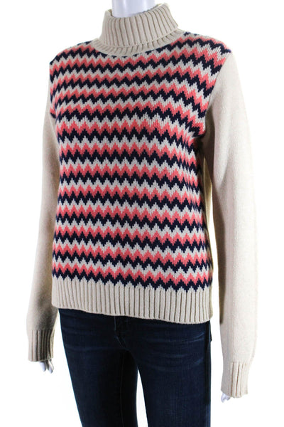 APC Womens Chevron Stripe Turtleneck Sweater Ivory Pink Navy Wool Size Small