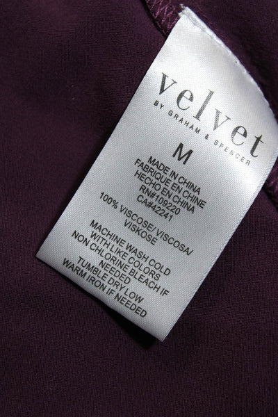 Velvet Women's Round Neck Short Sleeves Half Button Blouse Burgundy Size M