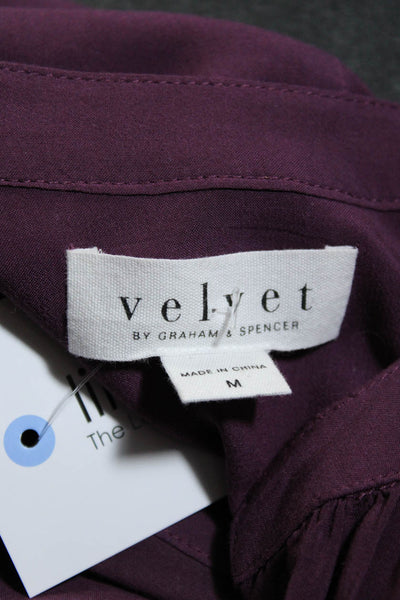 Velvet Women's Round Neck Short Sleeves Half Button Blouse Burgundy Size M