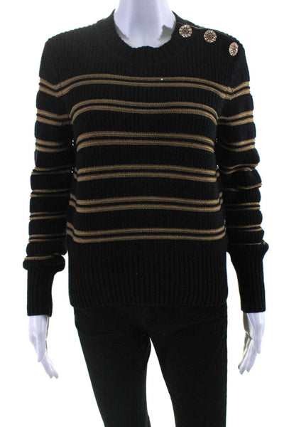 Ba&Sh Womens Striped Jeweled Crew Neck Sweater Black Brown Cotton Size Small