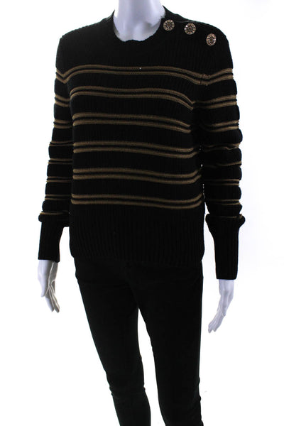 Ba&Sh Womens Striped Jeweled Crew Neck Sweater Black Brown Cotton Size Small